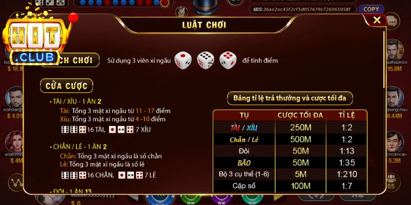 Sicbo Hitclub - Hướng Dẫn Luật Chơi Cho Hội Viên Mới 3 Hệ thống bảng cược vào ô tương ứng trong thời gian quy định